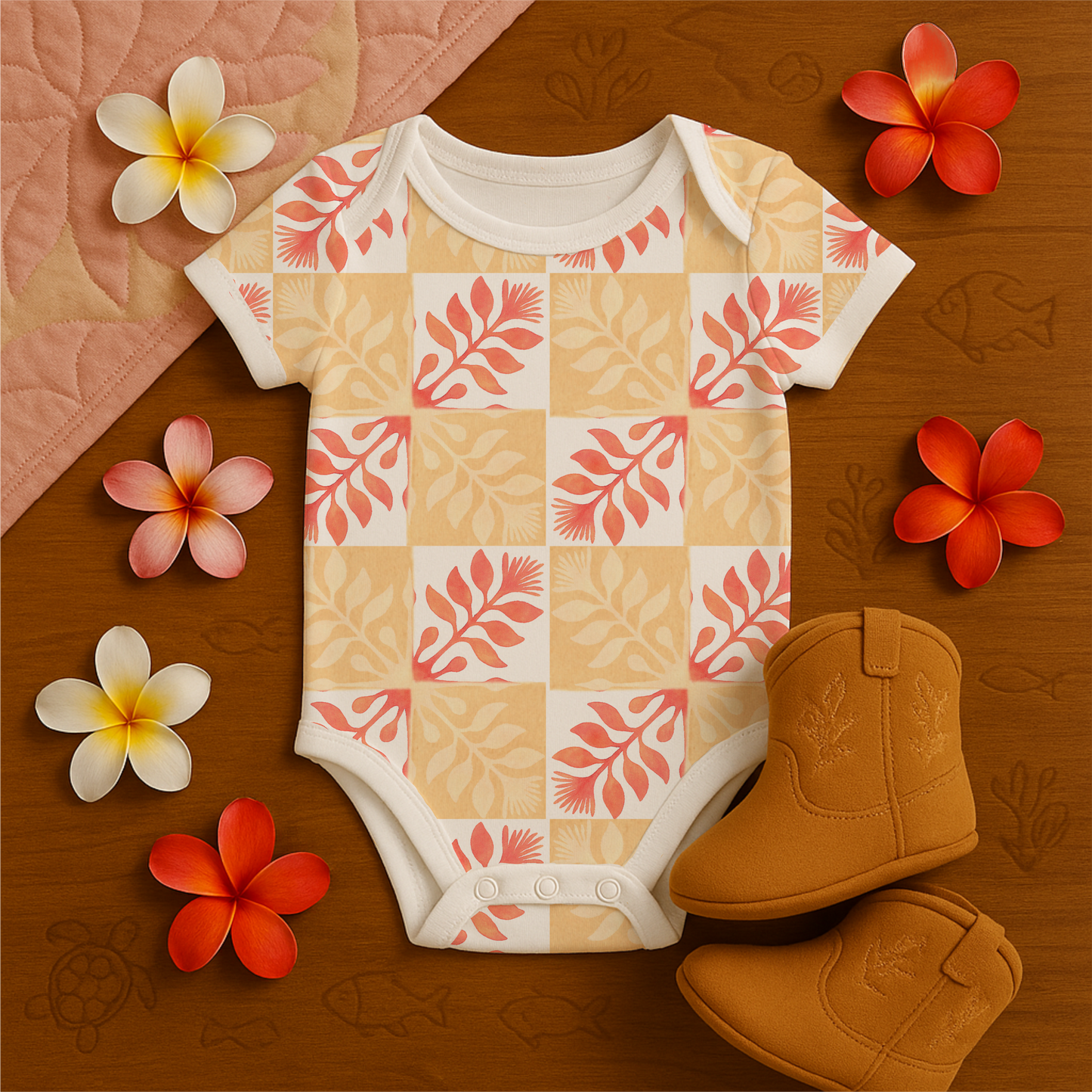 Ohia Lehua Quilt Checkers - Shortsleeved Bodysuit
